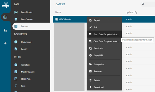 Select 'Push Data Endpoint Information' from Dataset options